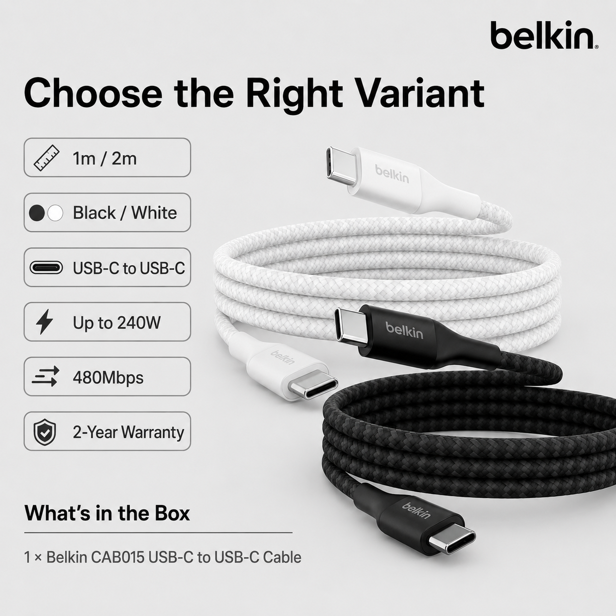 Belkin CAB015 240W USB-C Cable PD 3.1 Braided Fast Charging – 1m/2m Black/White