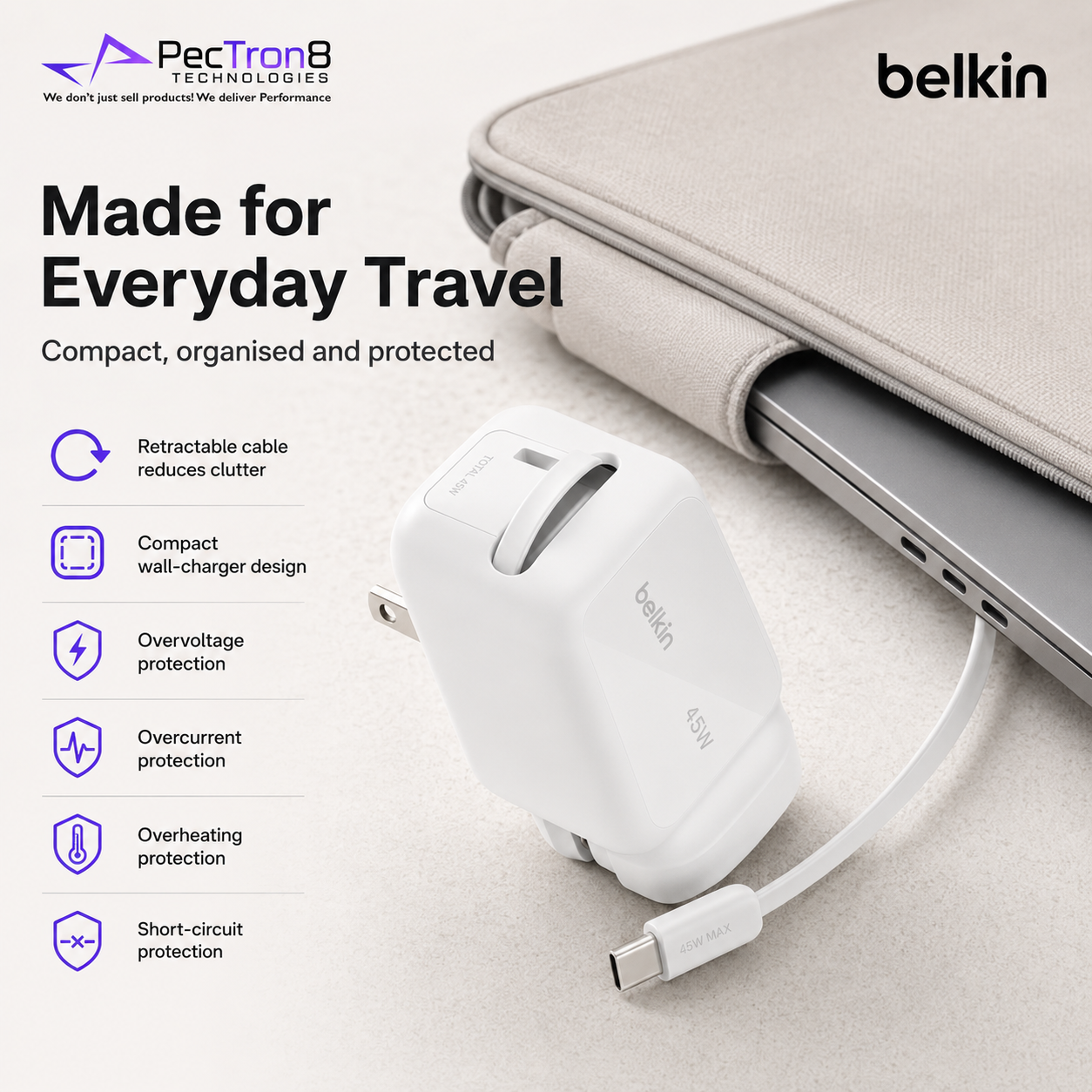 Belkin UltraCharge Portable GaN USB-C Charger 45W / 67W – Retractable Cable