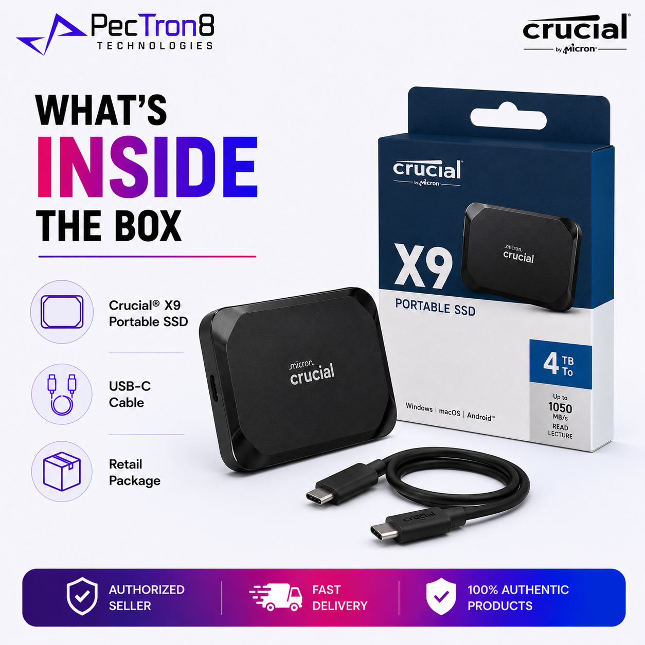Crucial X9 4TB Portable SSD USB-C External Solid State Drive Up to 1050MB/s Read for Laptop PC Mac Android