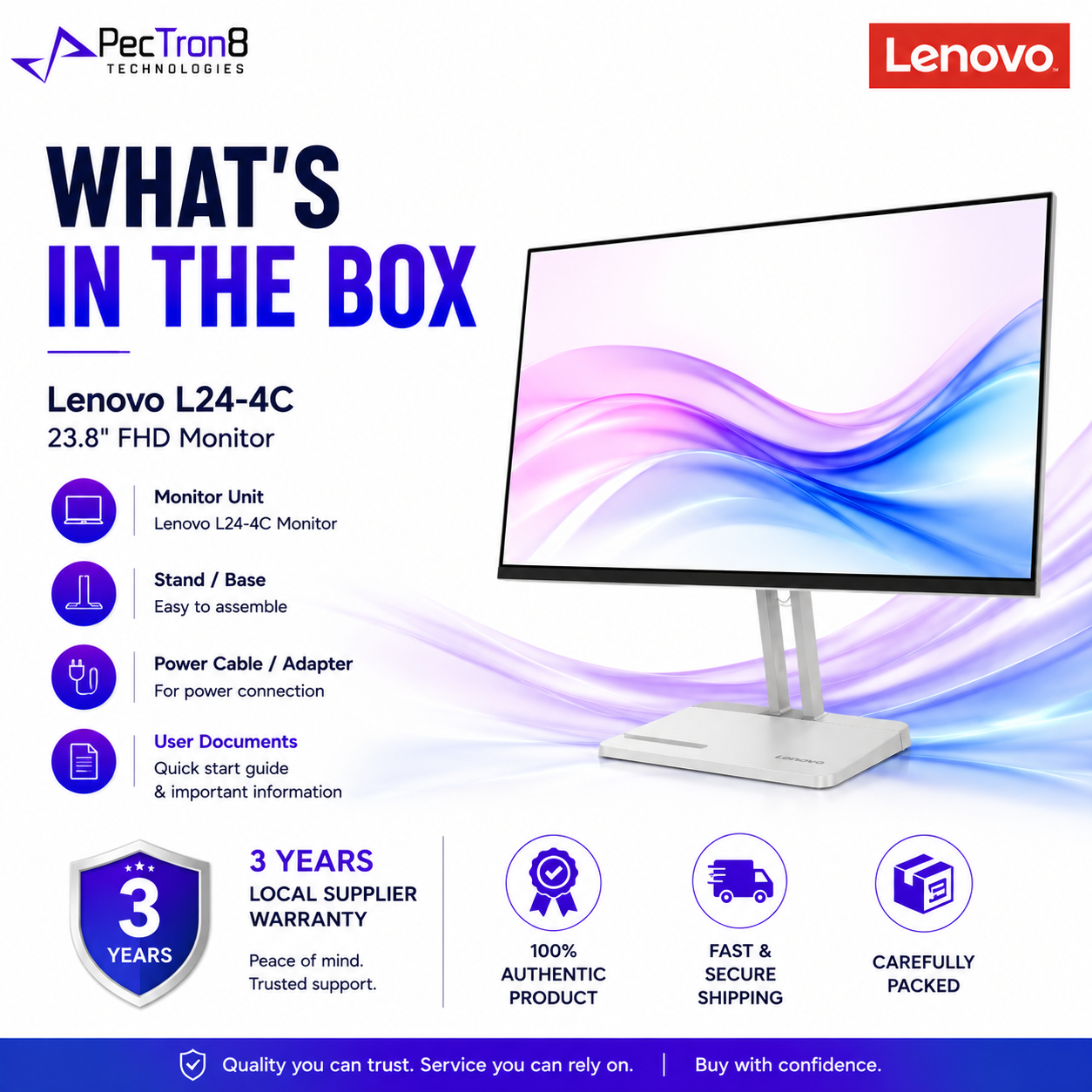 Lenovo L24-4C 23.8 Inch FHD Monitor HDMI VGA Audio Out Tilt Stand