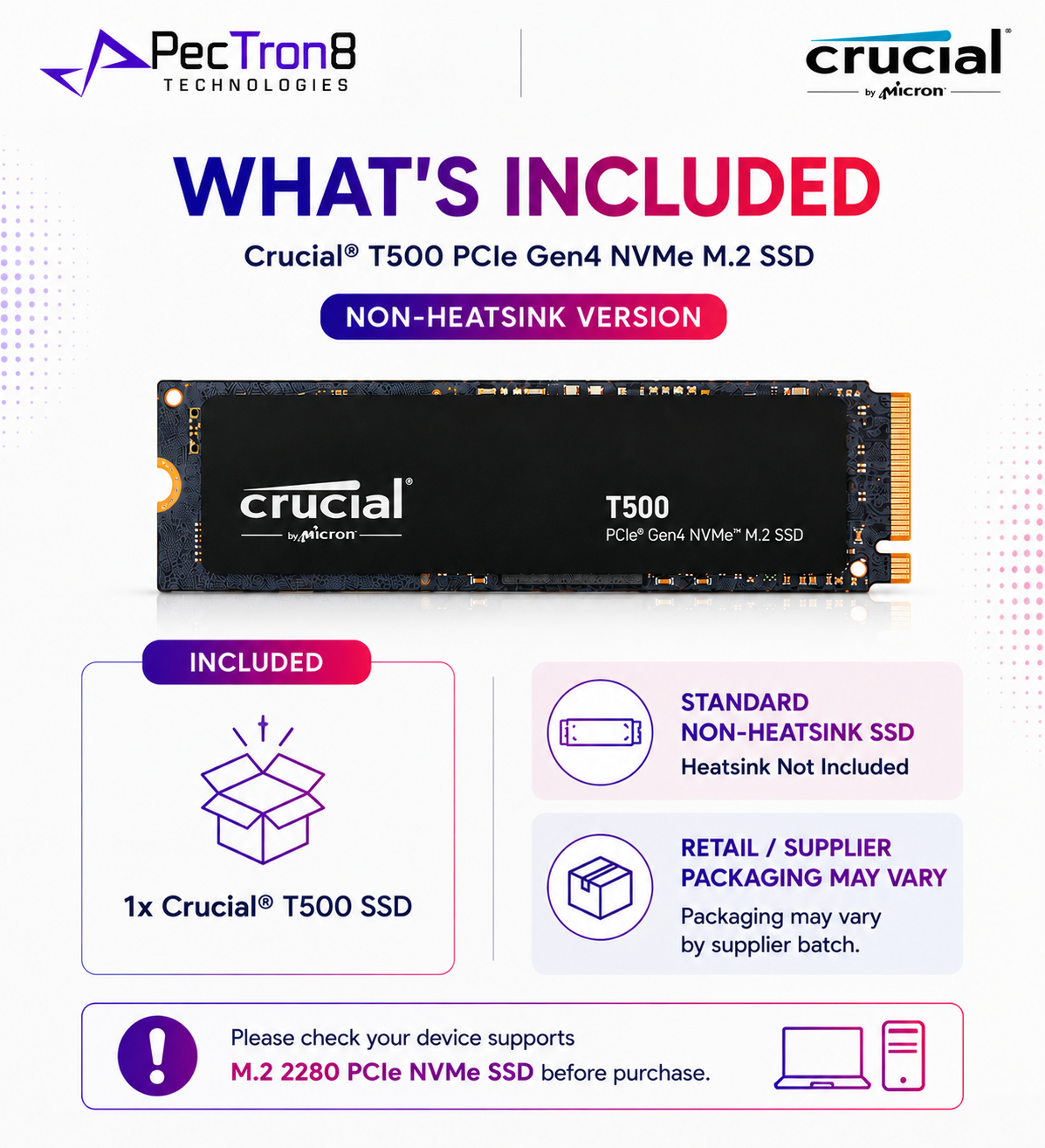 Crucial T500 PCIe Gen4 NVMe M.2 2280 SSD 1TB/2TB/4TB Non-Heatsink Internal SSD | Laptop Desktop Compatible | 5Y Warranty