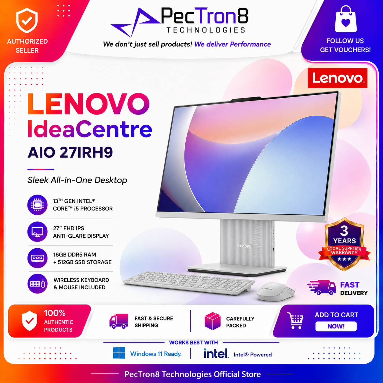 Lenovo IdeaCentre AIO 27IRH9 27” FHD IPS All-in-One PC i5-13420H 16GB DDR5 512GB SSD Win11 Wireless Keyboard Mouse