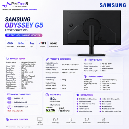 Samsung LS27FG502EEXXS Odyssey G5 27 Inch QHD 180Hz Gaming Monitor