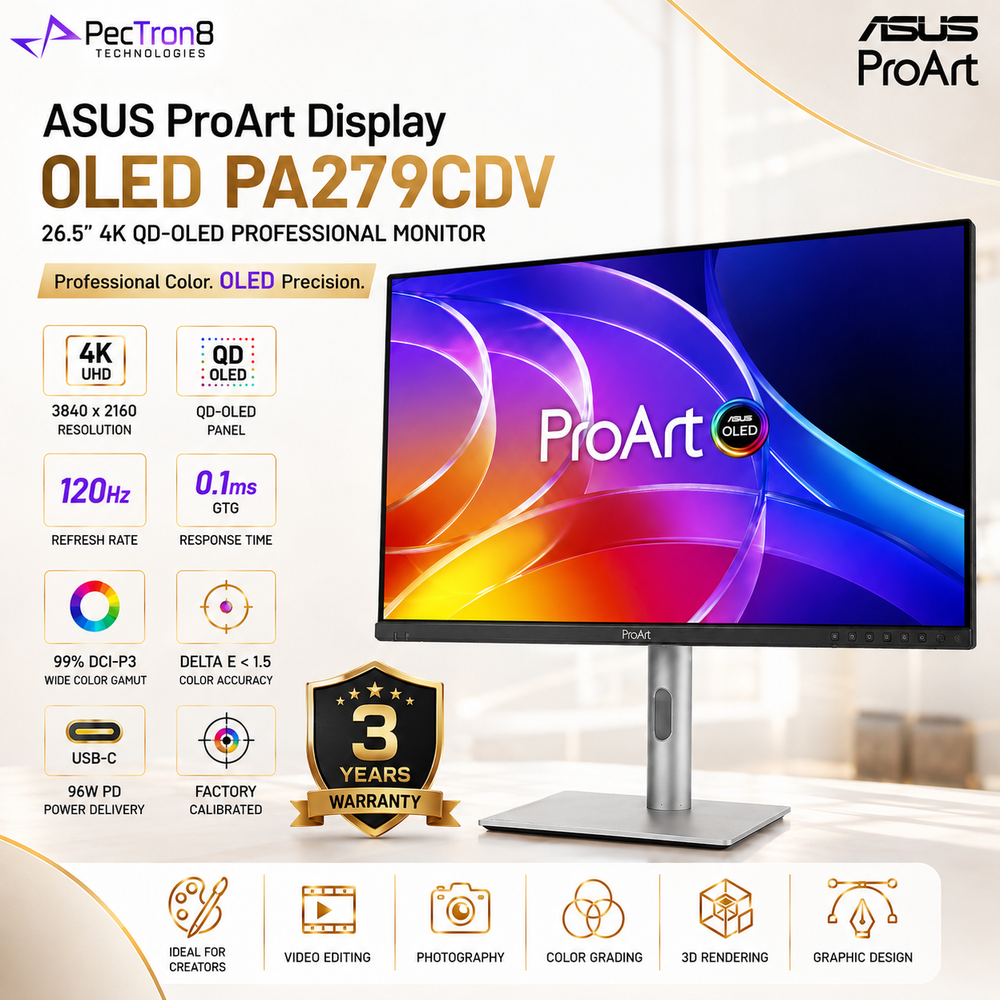 ASUS ProArt Display OLED PA279CDV 26.5-Inch 4K QD-OLED Professional Monitor, 120Hz, 0.1ms, 99% DCI-P3, Delta E < 1.5, USB-C 96W, Auto KVM
