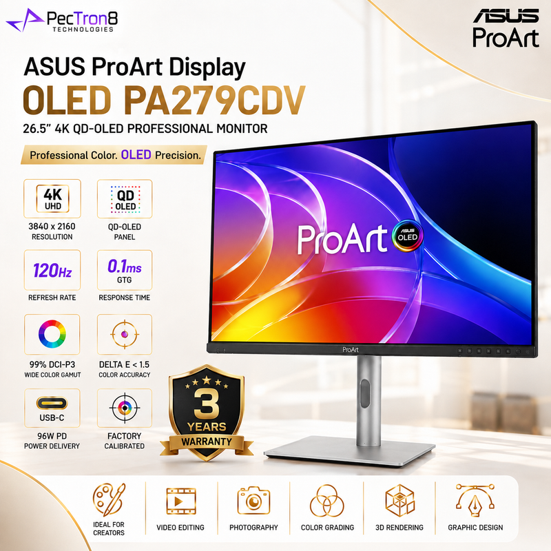 ASUS ProArt Display OLED PA279CDV 26.5-Inch 4K QD-OLED Professional Monitor, 120Hz, 0.1ms, 99% DCI-P3, Delta E < 1.5, USB-C 96W, Auto KVM