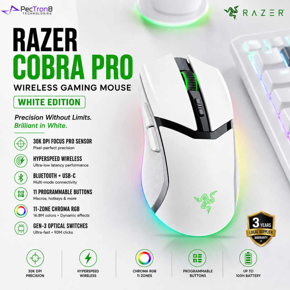 Razer Cobra Pro Wireless Gaming Mouse White 30K DPI Focus Pro Optical Sensor HyperSpeed Wireless Bluetooth Chroma RGB RZ01-04660200-R3A1