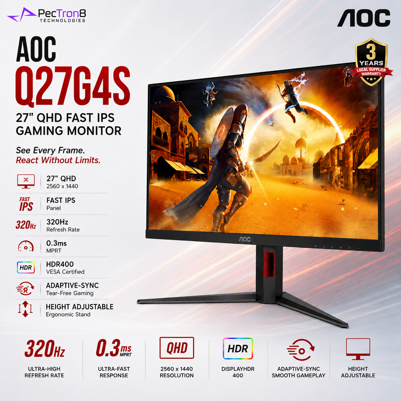 AOC Q27G4S 27 Inch QHD Fast IPS Gaming Monitor 320Hz 0.3ms MPRT HDR400 Adaptive-Sync Height Adjustable HDMI 2.1 DisplayPort 1.4