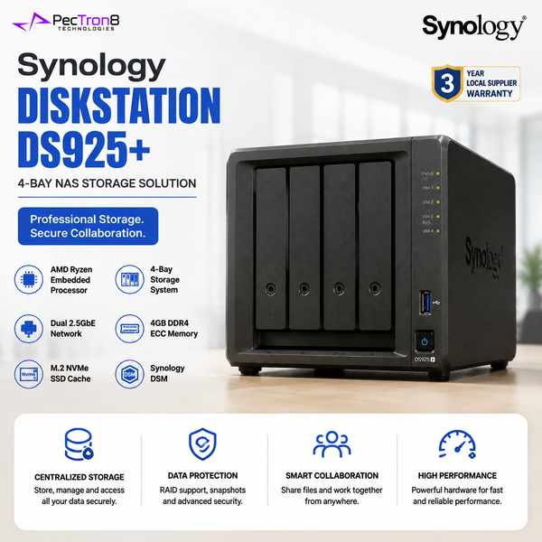 Synology DiskStation DS925+ 4-Bay NAS Storage Server, AMD Ryzen Processor, 2.5GbE Network, DDR4 ECC Memory, SSD Cache, RAID Backup