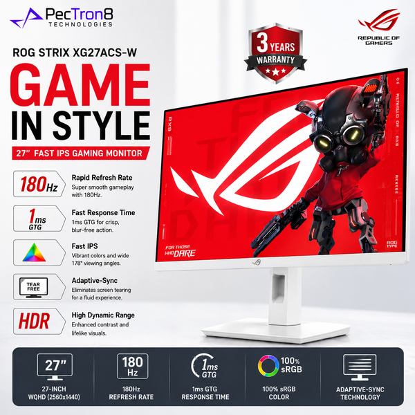 ASUS ROG Strix XG27ACSR-W 27-Inch QHD Fast IPS Gaming Monitor, 180Hz, 1ms GTG, DisplayHDR 400, USB-C, G-SYNC Compatible, FreeSync Premium, White