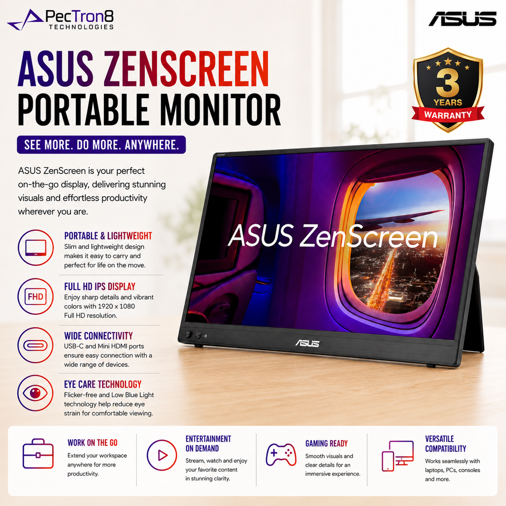 ASUS ZenScreen MB16AHVE 15.6-Inch Full HD IPS Portable Monitor, USB-C, Mini HDMI, Built-in Speakers, Kickstand, Eye Care
