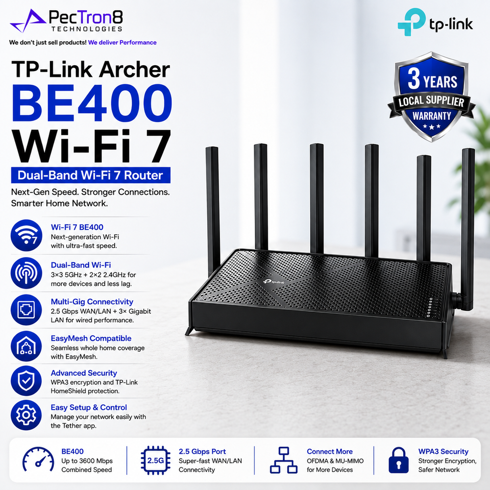 TP-Link Archer BE400 BE6500 Dual-Band Wi-Fi 7 Router – 6.5Gbps, Dual 2.5G Ports, MLO, EasyMesh, 6 Antennas and USB 3.0