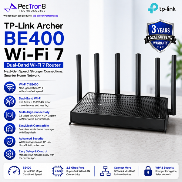 TP-Link Archer BE400 BE6500 Dual-Band Wi-Fi 7 Router – 6.5Gbps, Dual 2.5G Ports, MLO, EasyMesh, 6 Antennas and USB 3.0