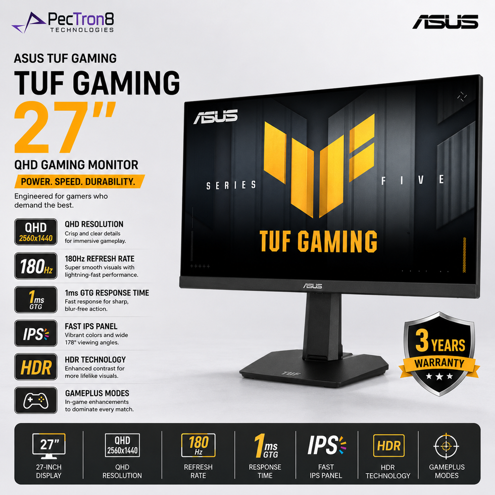 ASUS TUF Gaming VG27AQ5F 27-Inch QHD Fast IPS Gaming Monitor, 220Hz, 0.3ms, HDR10, FreeSync Premium, G-SYNC Compatible, ELMB Sync