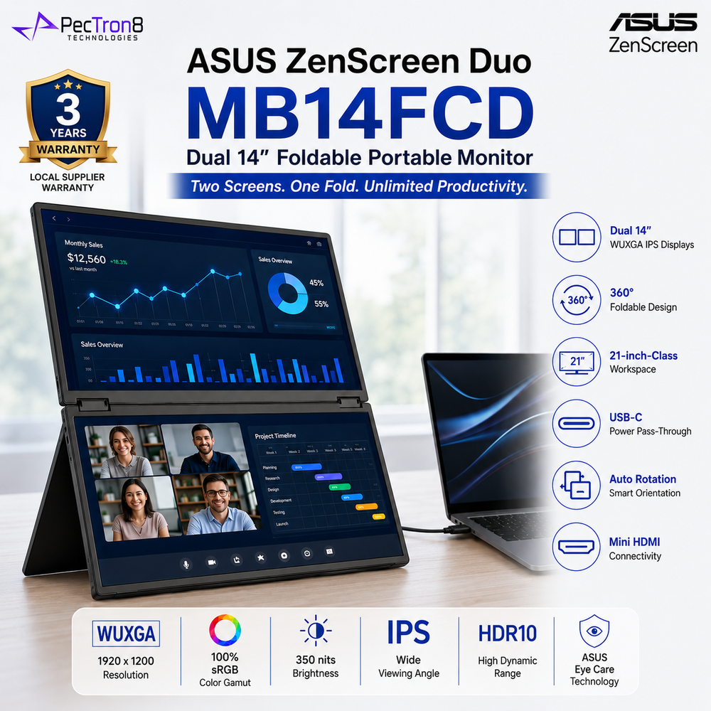 ASUS ZenScreen Duo MB14FCD Dual 14-Inch WUXGA IPS Portable Monitor, 360° Foldable, USB-C Power Pass-Through, Mini HDMI, Auto Rotation