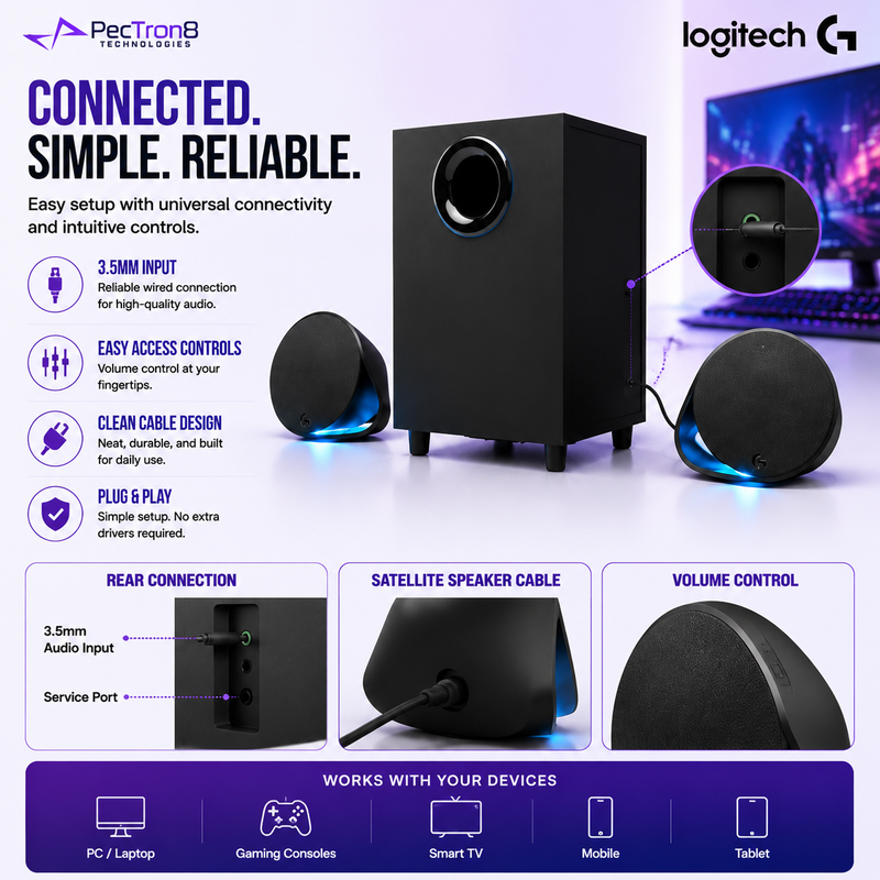 Logitech G560 LIGHTSYNC RGB PC Gaming Speaker 2.1 Channel 240W Peak Power DTS:X Ultra Surround Sound Bluetooth USB Gaming Audio System