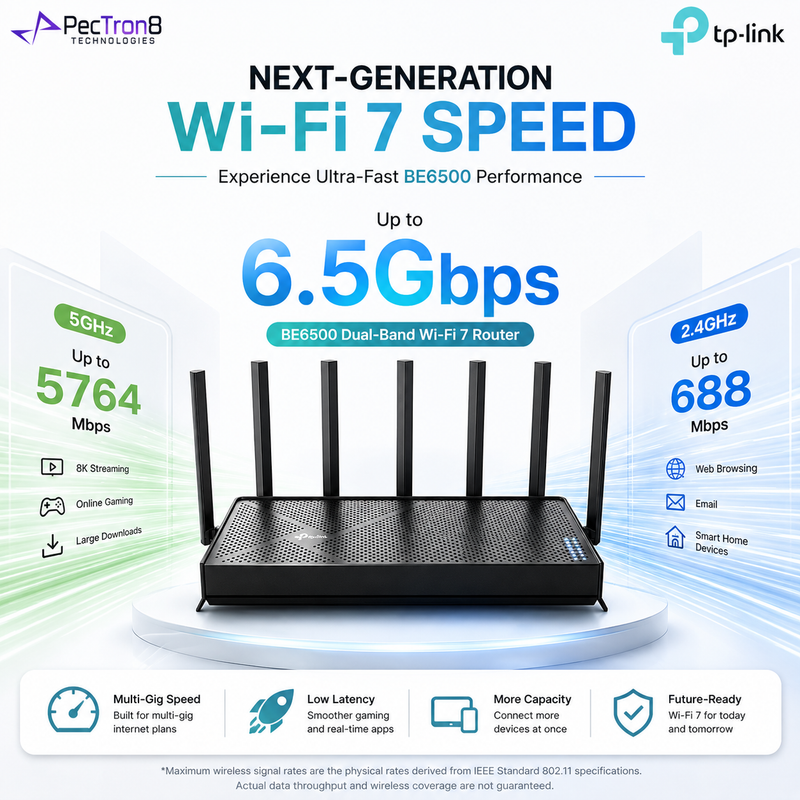 TP-Link Archer BE400 BE6500 Dual-Band Wi-Fi 7 Router – 6.5Gbps, Dual 2.5G Ports, MLO, EasyMesh, 6 Antennas and USB 3.0