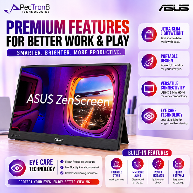 ASUS ZenScreen MB16AHVE 15.6-Inch Full HD IPS Portable Monitor, USB-C, Mini HDMI, Built-in Speakers, Kickstand, Eye Care