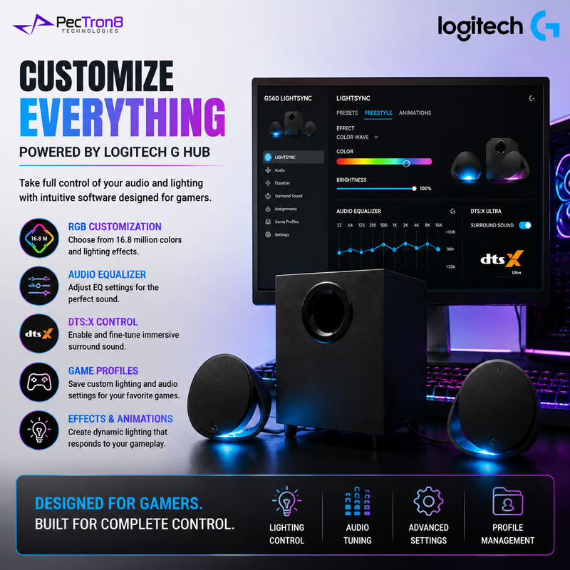 Logitech G560 LIGHTSYNC RGB PC Gaming Speaker 2.1 Channel 240W Peak Power DTS:X Ultra Surround Sound Bluetooth USB Gaming Audio System