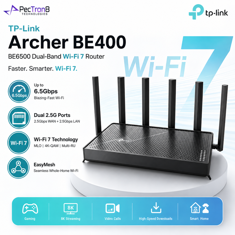 TP-Link Archer BE400 BE6500 Dual-Band Wi-Fi 7 Router – 6.5Gbps, Dual 2.5G Ports, MLO, EasyMesh, 6 Antennas and USB 3.0