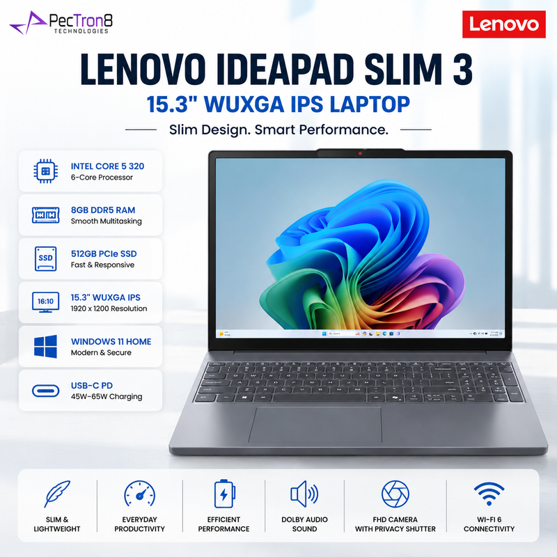 Lenovo IdeaPad Slim 3 83RR00MKSB 15.3" WUXGA IPS Laptop Intel Core 5 320 6-Core 8GB RAM 512GB SSD Windows 11 Home