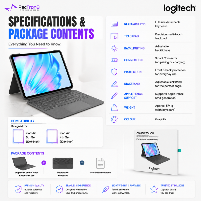 Logitech Combo Touch iPad Air 11-inch/10.9-inch Keyboard Case with Trackpad, Backlit Keys, Smart Connector, iPad Air 4th & 5th Gen 920-012627