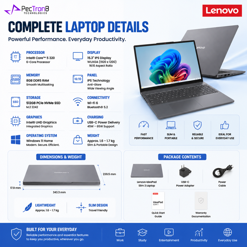 Lenovo IdeaPad Slim 3 83RR00MKSB 15.3" WUXGA IPS Laptop Intel Core 5 320 6-Core 8GB RAM 512GB SSD Windows 11 Home