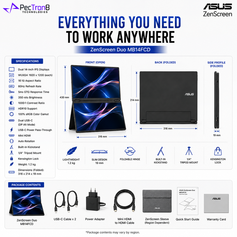ASUS ZenScreen Duo MB14FCD Dual 14-Inch WUXGA IPS Portable Monitor, 360° Foldable, USB-C Power Pass-Through, Mini HDMI, Auto Rotation