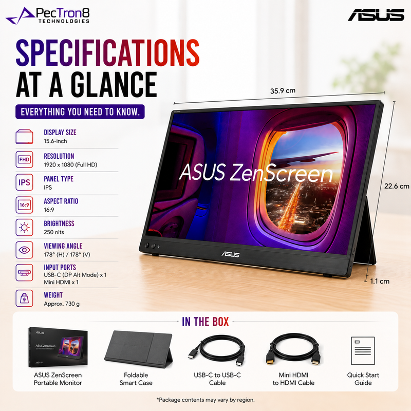 ASUS ZenScreen MB16AHVE 15.6-Inch Full HD IPS Portable Monitor, USB-C, Mini HDMI, Built-in Speakers, Kickstand, Eye Care