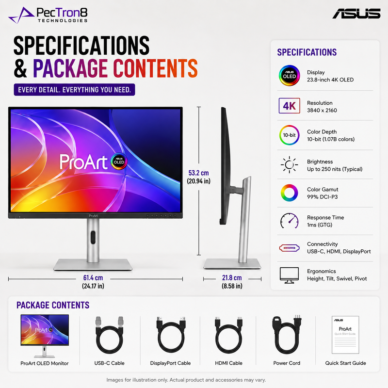 ASUS ProArt Display OLED PA279CDV 26.5-Inch 4K QD-OLED Professional Monitor, 120Hz, 0.1ms, 99% DCI-P3, Delta E < 1.5, USB-C 96W, Auto KVM