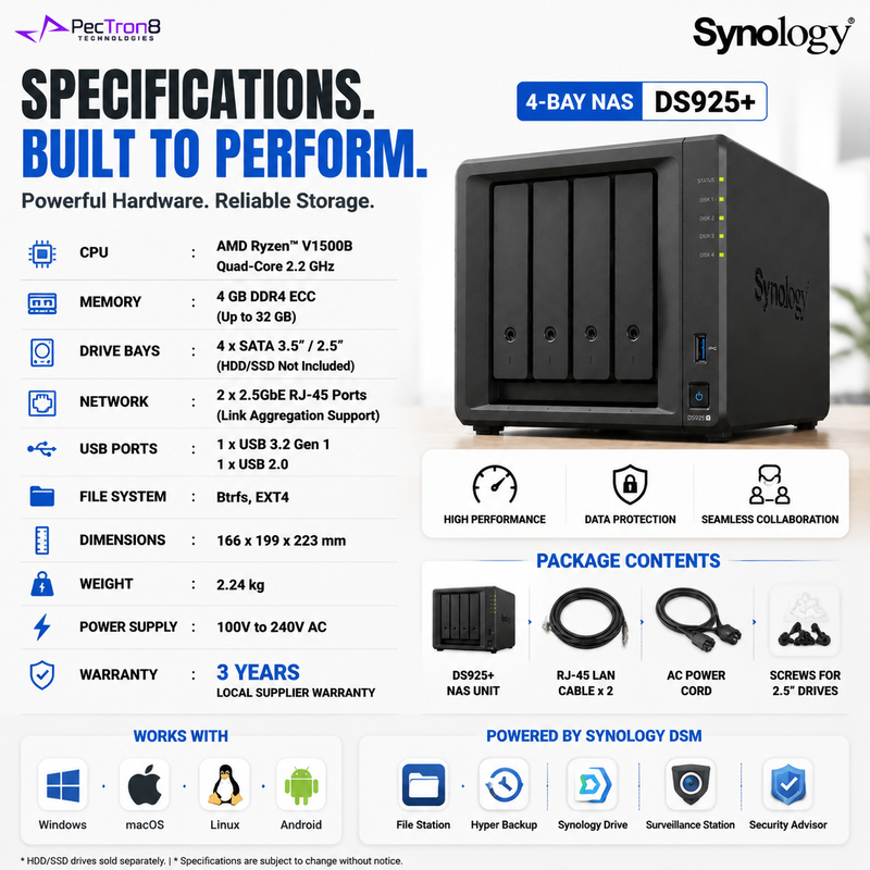 Synology DiskStation DS925+ 4-Bay NAS Storage Server, AMD Ryzen Processor, 2.5GbE Network, DDR4 ECC Memory, SSD Cache, RAID Backup