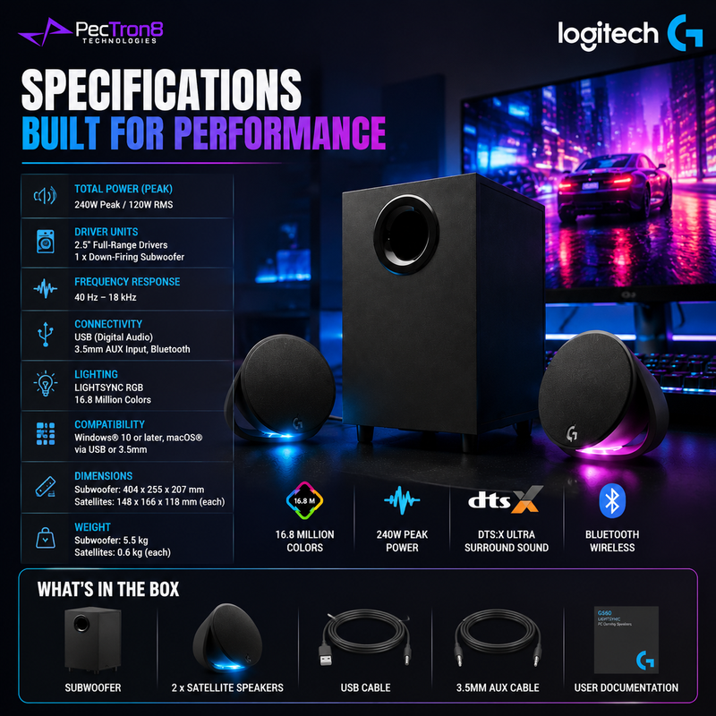 Logitech G560 LIGHTSYNC RGB PC Gaming Speaker 2.1 Channel 240W Peak Power DTS:X Ultra Surround Sound Bluetooth USB Gaming Audio System