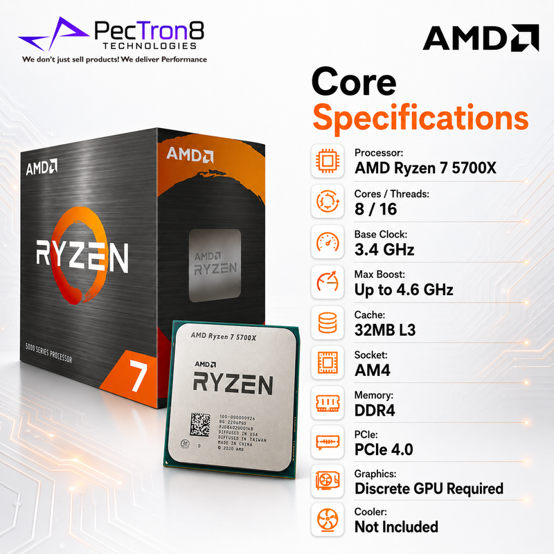 AMD Ryzen 7 5700X AM4 Desktop Processor 8C/16T 4.6GHz Boost 32MB Cache 65W CPU No Cooler Included