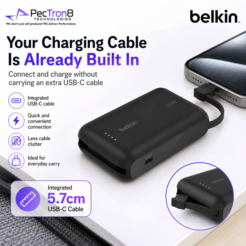 Belkin BoostCharge Power Bank 10K 10000mAh 20W Fast Charging Built-In USB-C Cable