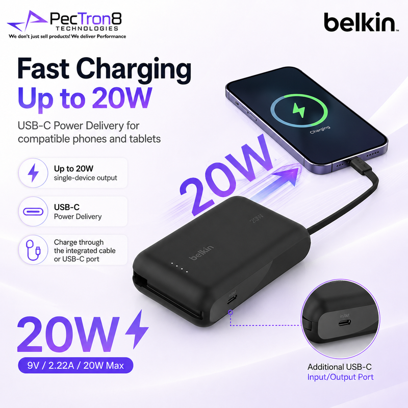 Belkin BoostCharge Power Bank 10K 10000mAh 20W Fast Charging Built-In USB-C Cable