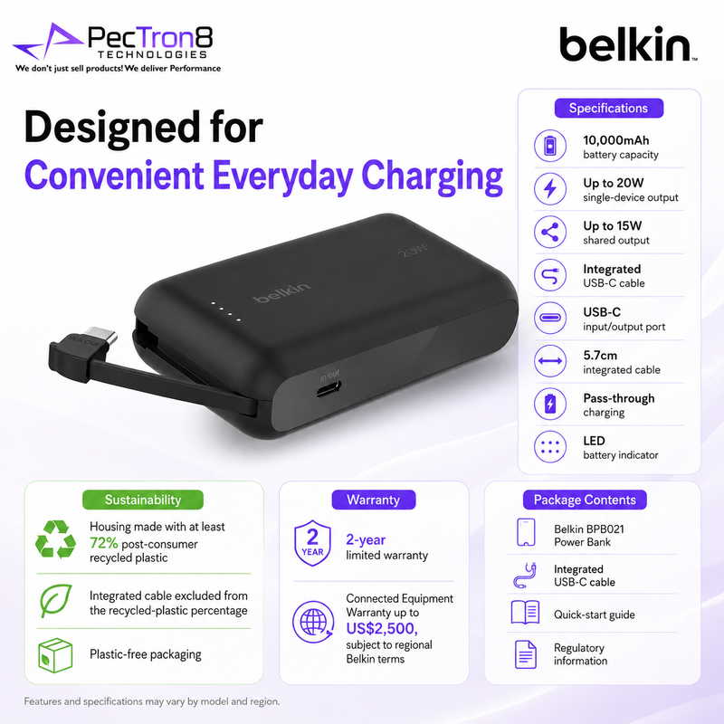 Belkin BoostCharge Power Bank 10K 10000mAh 20W Fast Charging Built-In USB-C Cable