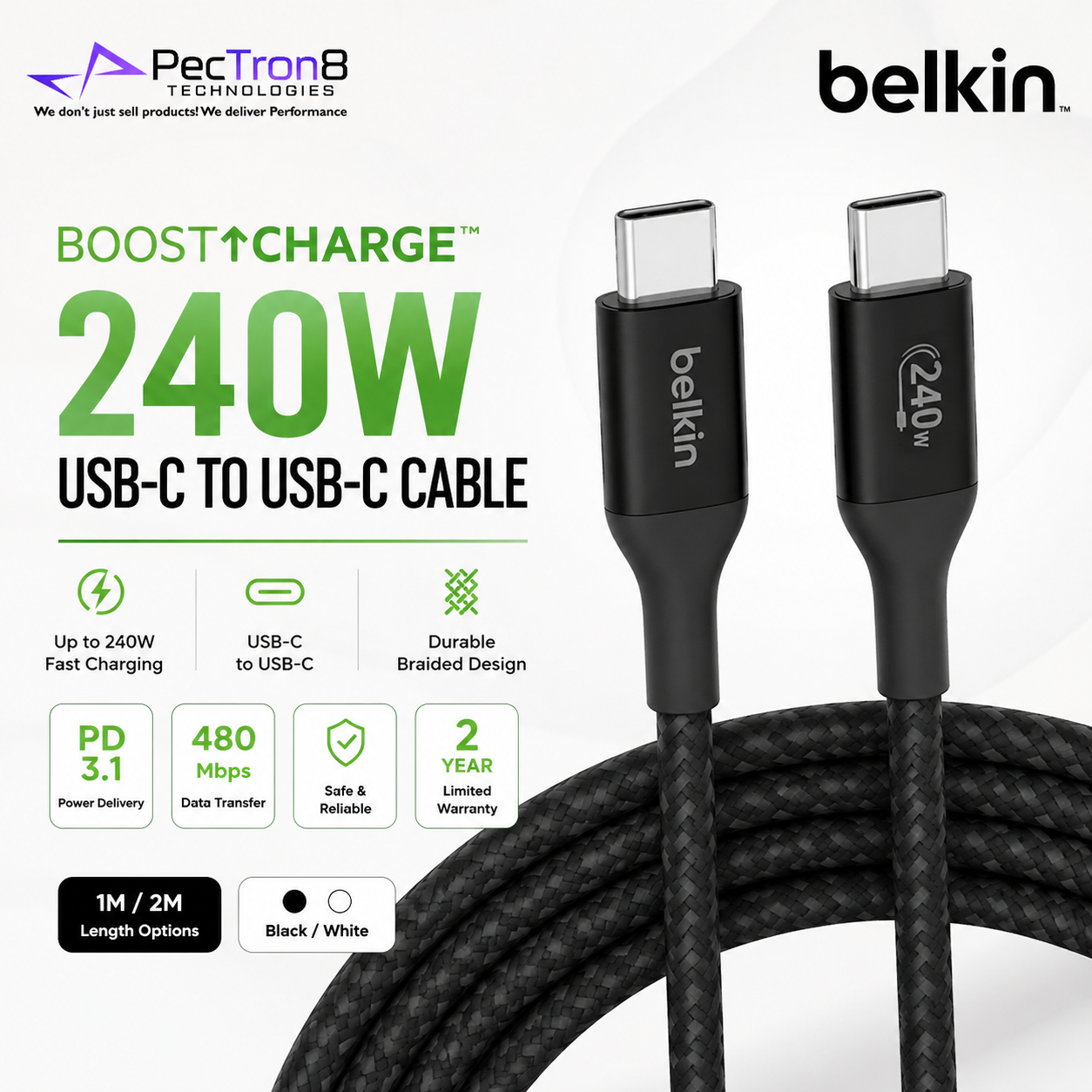 Belkin CAB015 240W USB-C Cable PD 3.1 Braided Fast Charging – 1m/2m Black/White