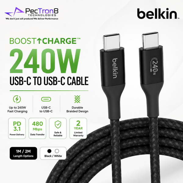 Belkin CAB015 240W USB-C Cable PD 3.1 Braided Fast Charging – 1m/2m Black/White