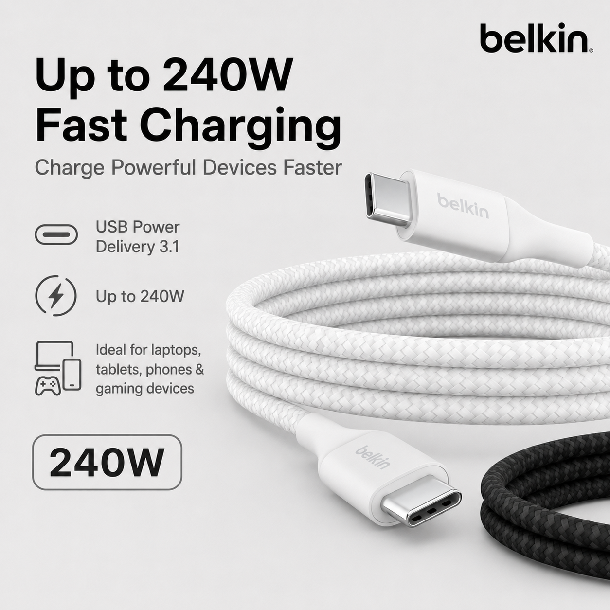 Belkin CAB015 240W USB-C Cable PD 3.1 Braided Fast Charging – 1m/2m Black/White