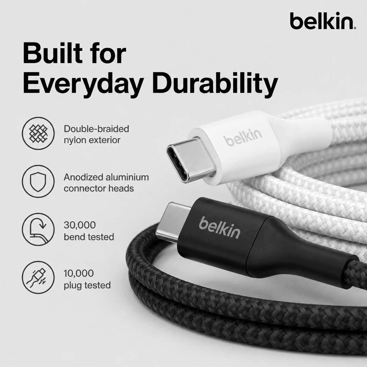 Belkin CAB015 240W USB-C Cable PD 3.1 Braided Fast Charging – 1m/2m Black/White