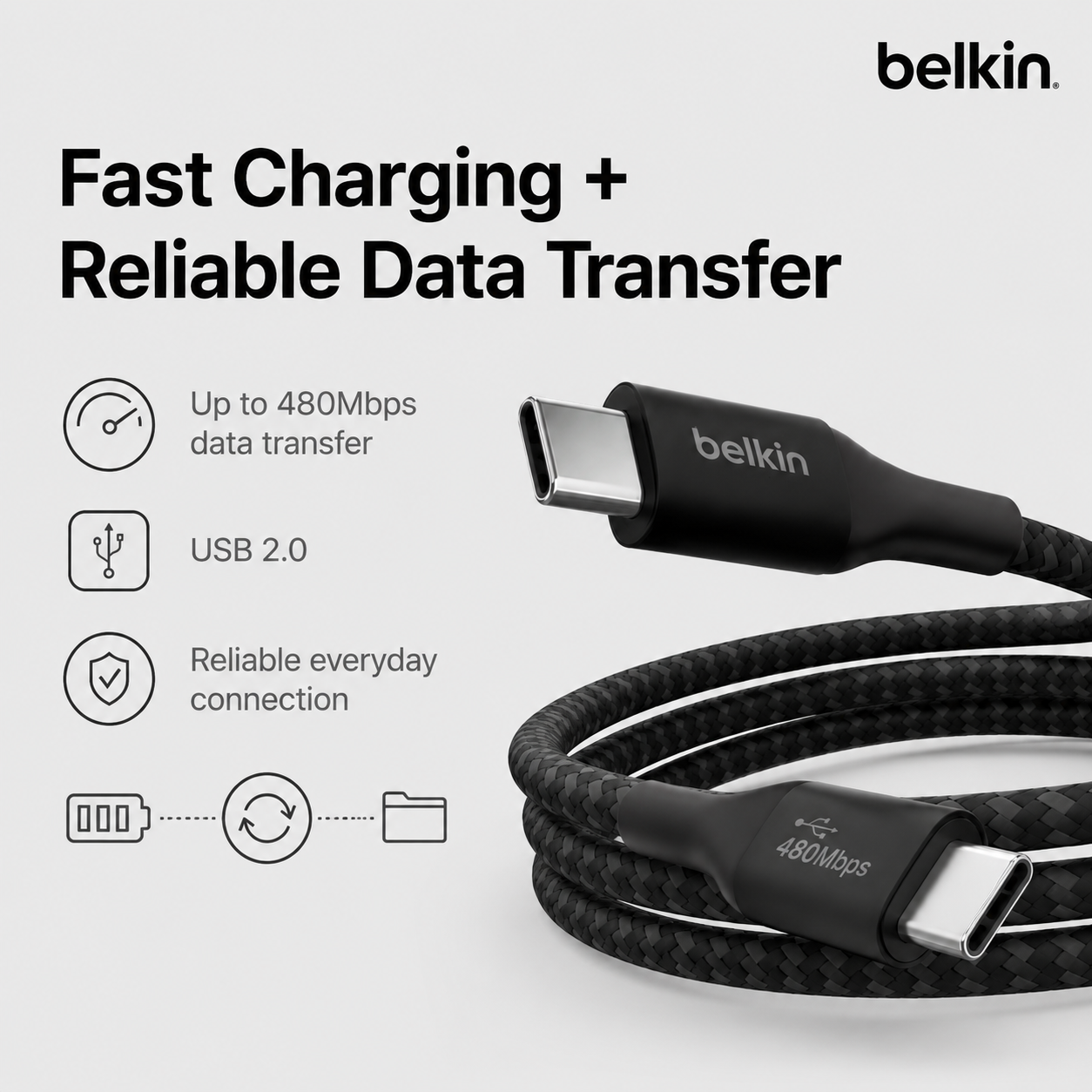 Belkin CAB015 240W USB-C Cable PD 3.1 Braided Fast Charging – 1m/2m Black/White