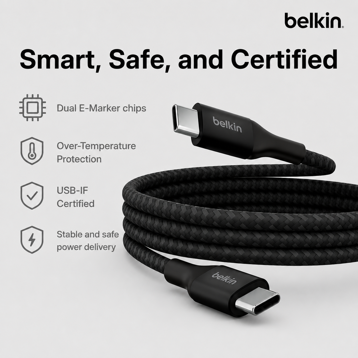 Belkin CAB015 240W USB-C Cable PD 3.1 Braided Fast Charging – 1m/2m Black/White