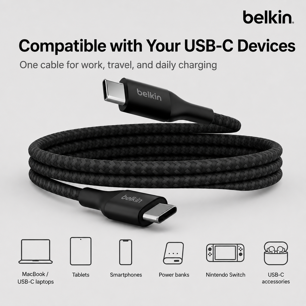 Belkin CAB015 240W USB-C Cable PD 3.1 Braided Fast Charging – 1m/2m Black/White
