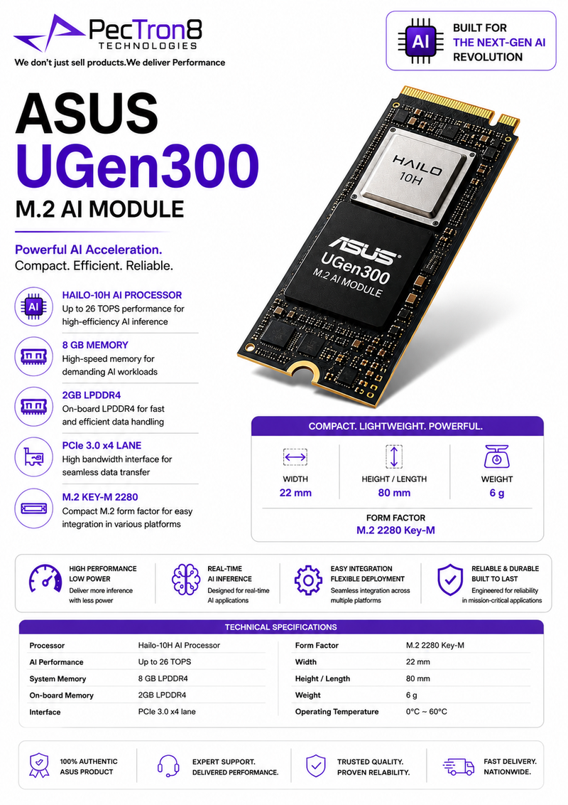 ASUS UGen300 M2 AI Module, Hailo-10H, 8 GB LPDDR4,2 GB LPDDR4X, PCIe3 x 4 lane, M.2 Key-M 2280