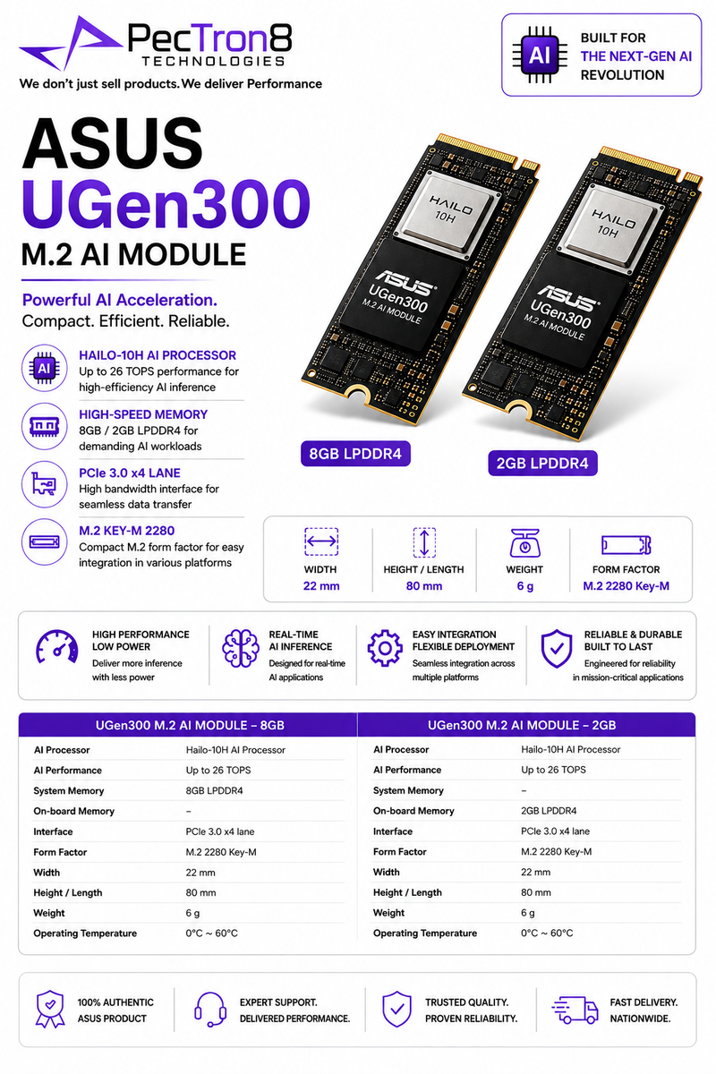 ASUS UGen300 M2 AI Module, Hailo-10H, 8 GB LPDDR4,2 GB LPDDR4X, PCIe3 x 4 lane, M.2 Key-M 2280