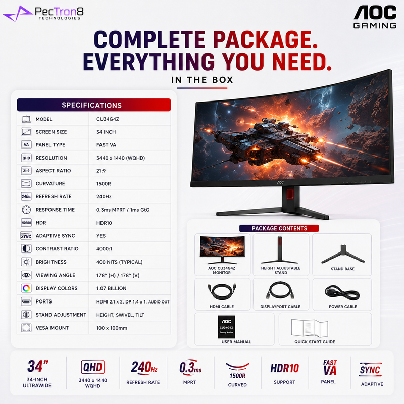 AOC CU34G4Z 34" UltraWide Curved Gaming Monitor | WQHD 3440×1440 | 240Hz | 0.3ms | Fast VA | HDR10 | HDMI 2.1 | Adaptive Sync | VESA