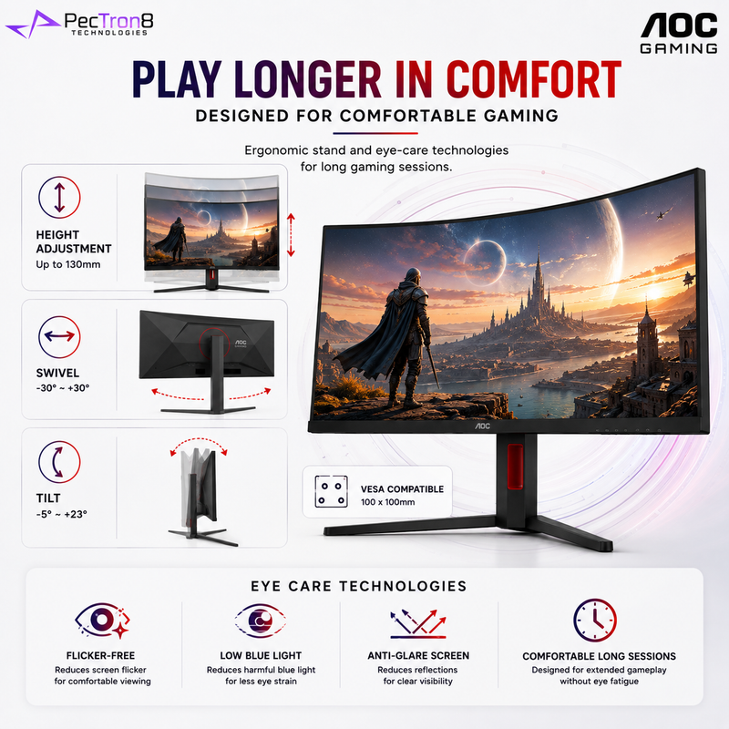 AOC CU34G4Z 34" UltraWide Curved Gaming Monitor | WQHD 3440×1440 | 240Hz | 0.3ms | Fast VA | HDR10 | HDMI 2.1 | Adaptive Sync | VESA