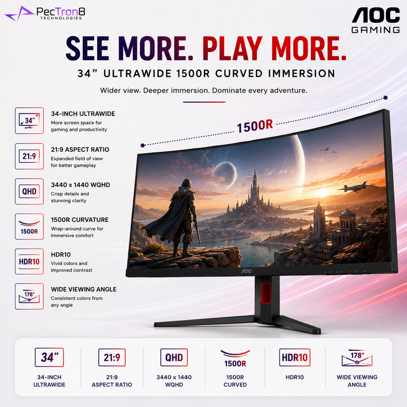 AOC CU34G4Z 34" UltraWide Curved Gaming Monitor | WQHD 3440×1440 | 240Hz | 0.3ms | Fast VA | HDR10 | HDMI 2.1 | Adaptive Sync | VESA