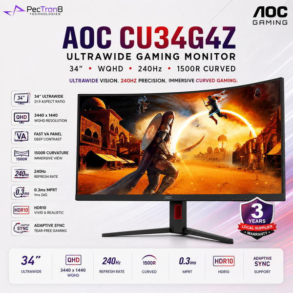 AOC CU34G4Z 34" UltraWide Curved Gaming Monitor | WQHD 3440×1440 | 240Hz | 0.3ms | Fast VA | HDR10 | HDMI 2.1 | Adaptive Sync | VESA