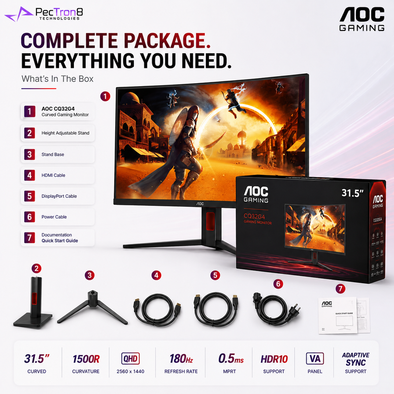 AOC CQ32G4 31.5" Curved QHD Gaming Monitor 180Hz 0.5ms | 1500R VA | HDR10 | Adaptive Sync | HDMI 2.0 | DP 1.4 | HAS VESA