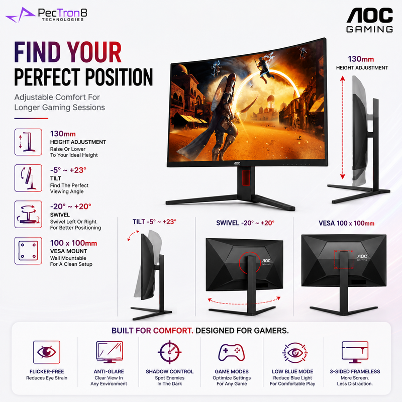 AOC CQ32G4 31.5" Curved QHD Gaming Monitor 180Hz 0.5ms | 1500R VA | HDR10 | Adaptive Sync | HDMI 2.0 | DP 1.4 | HAS VESA